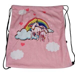 Drawstring Cinch Bag Double Unicorn Pink Rainbow Hearts and Clouds